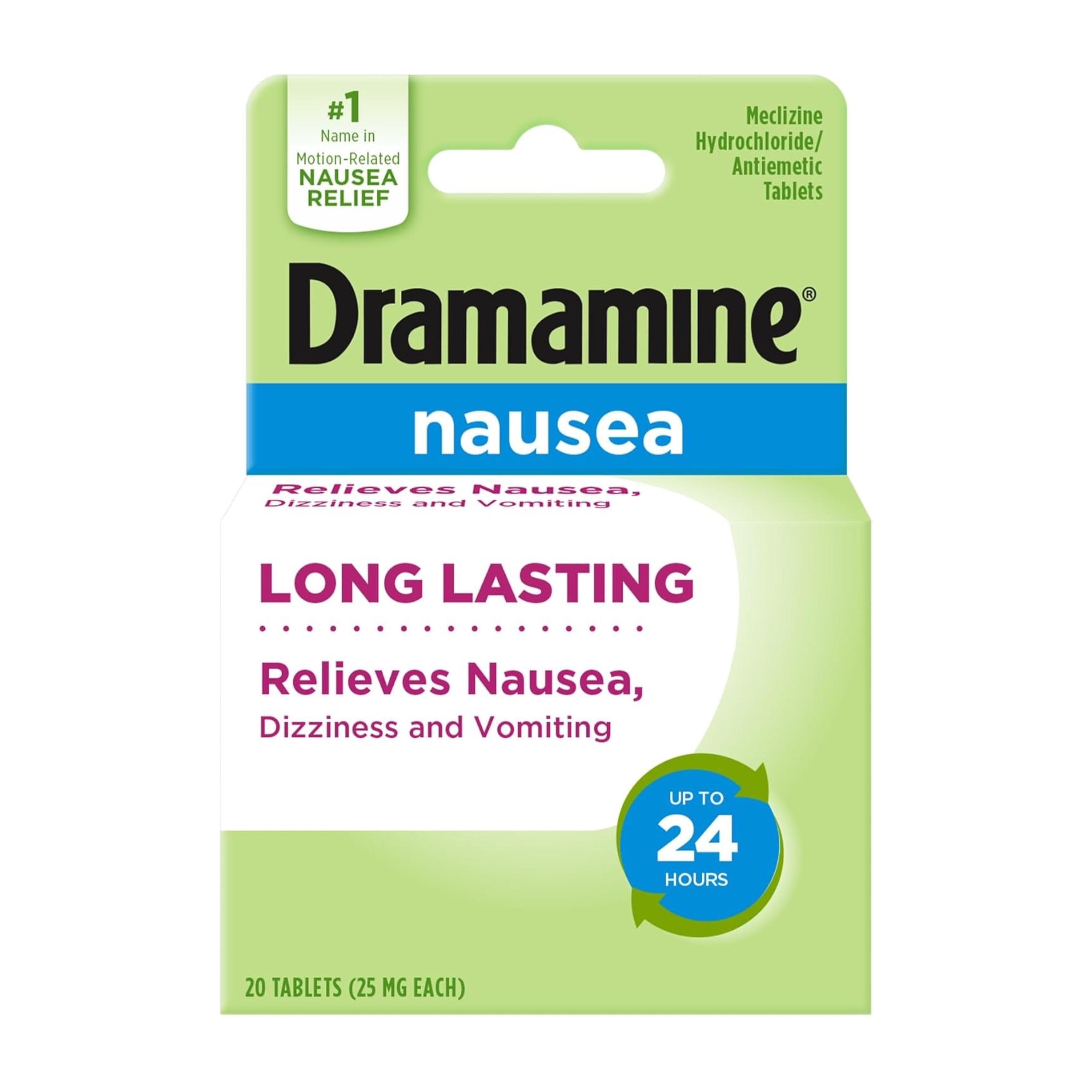 ยาบรรเทาอาการเคลื่อนไส้วิงเวียนและอาเจียน Dramamine Nausea Long Lasting Dizziness & Vomiting Relief (20 Tablets)