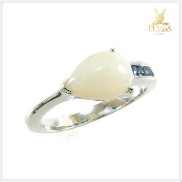 แหวนโอปอลขาว ทรงหยดน้ำ อัญมณีสีเหลือบรุ้ง เงินแท้ แหวนพลอยแท้