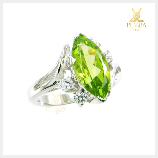 แหวนเพริดอต ทรงมาคีส์สุดเก๋ เงินแท้925 ชุบทองคำขาว แหวนพลอยแท้