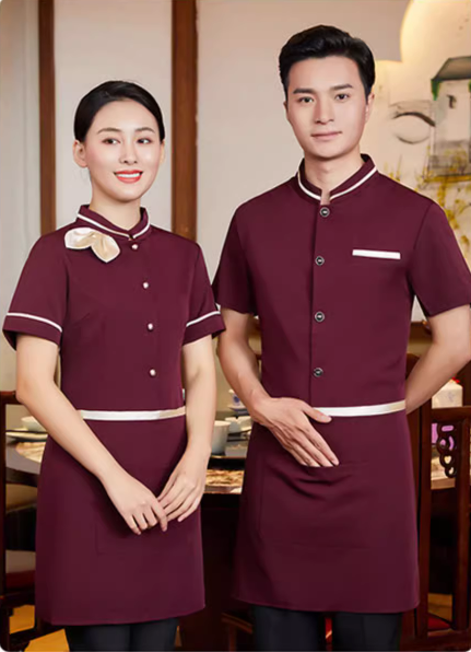 เสื้อฟอร์มพนักงานร้านอาหารกาแฟโรงแรม แขนสั้น F6705004 แดง ดำ ม่วง L,XL,XXL,3XL,4XL