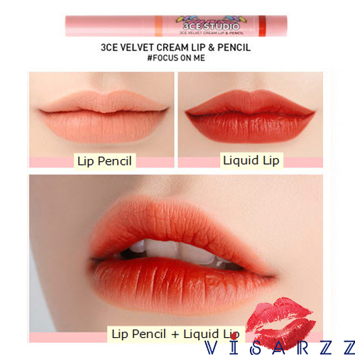 (# Focus On Me) 3CE Studio Velvet Cream Lip & Pencil ลิปแท่งสองหัว ด้านหนึ่งเป็นแบบจุ่มลิปลิควิดเนื้อ Vetvet อีกด้านเป็นลิปดินสอไว้สำหรับตัดขอบปาก