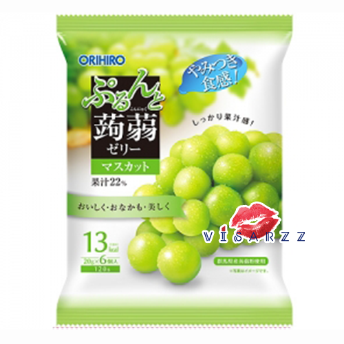 (รส Muscat องุ่นเขียว) Orihiro Jelly 120g (20g x 6 ชิ้น) โอริฮิโระ เยลลี่บุกผสมกับน้ำผลไม้เข้นข้นจากประเทศญี่ปุ่น แคลลอรี่ต่ำ ทานง่าย เพียงฉีกจากซอง
