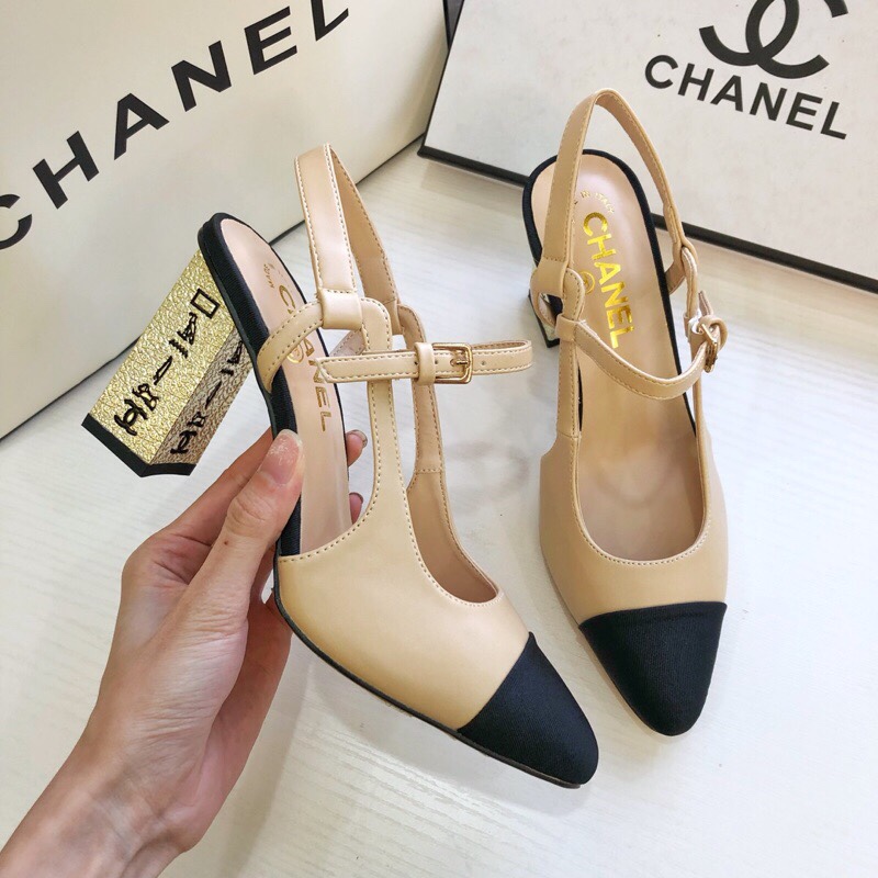 รองเท้า cn sling back size 34-41 แบบส้นเตี้ยและส้นสูง ดำ ครีม ทอง