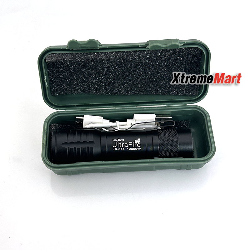 ไฟฉายซูม Ultrafire รุ่น 514 12000W พร้อมโคมไฟ COB ด้านข้าง + คลิปเหน็บ แสงขาว 3 โหมด พร้อมสายชาร์จ USB ชาร์จได้ในตัว