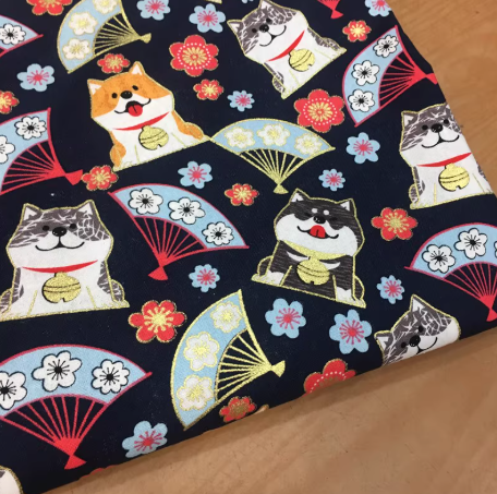 ผ้าสไตล์ญี่ปุ่น ผ้าคอตตอนพิมพ์ลายร้อน ลายนกฟลามิงโก้ ลายคลื่นทะเลใส ลายนกกระเรียน ผ้าลายดอกซากุระ SKU-03521 สีภาพ เมตร