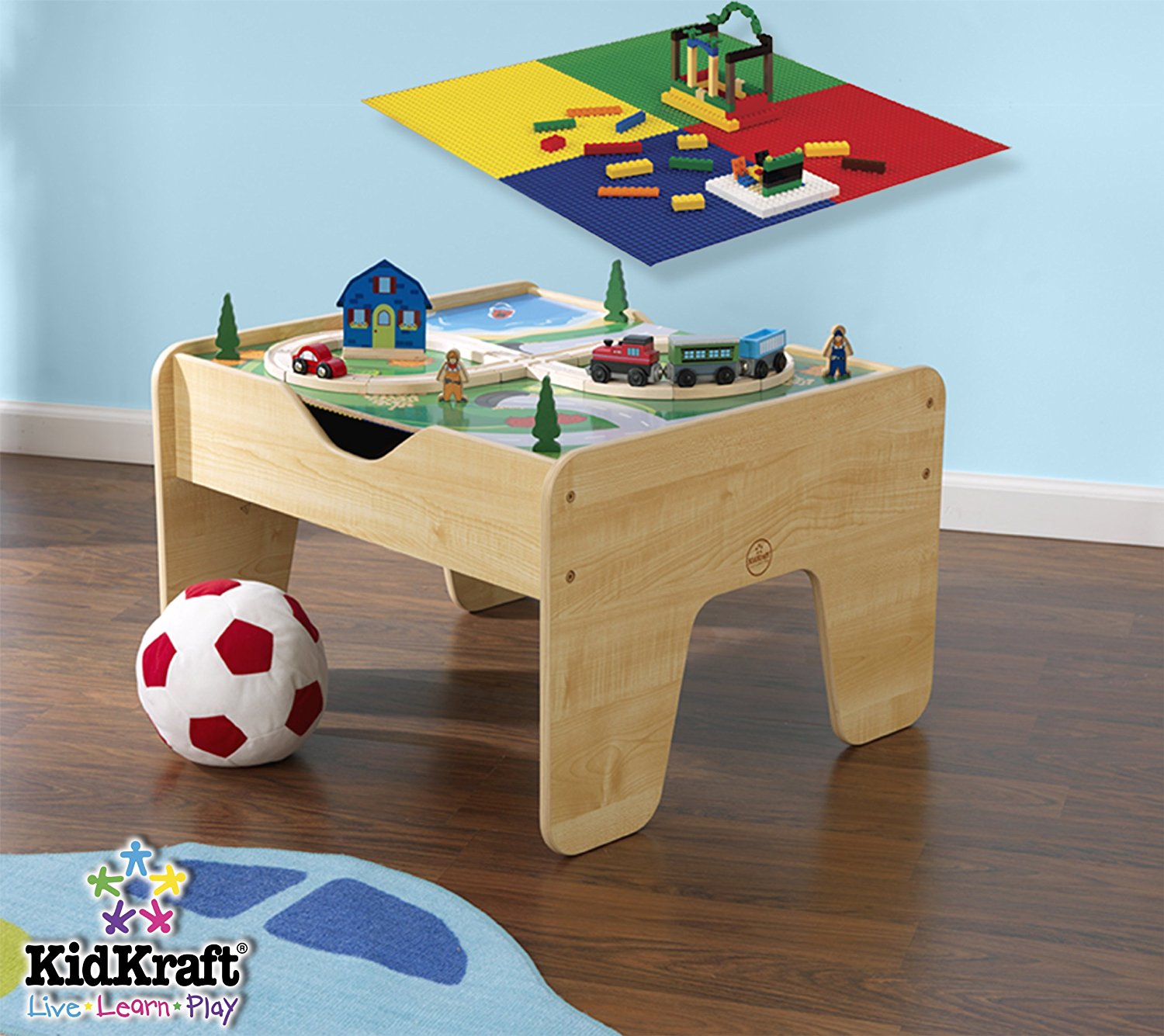 โต๊ะกิจกรรมสำหรับเลโก้พร้อมชุดรถไฟ Kidkraft 2-in-1 Activity Table with LEGO-Compatible Board and Train Set (Natural)
