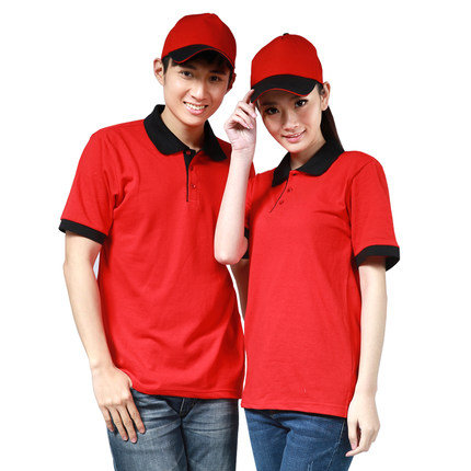 P6012014 เสื้อฟอร์มพนักงาน เสื้อยืดปกโปโล เสื้อโปโลสีแดงสลับดำ P6012014