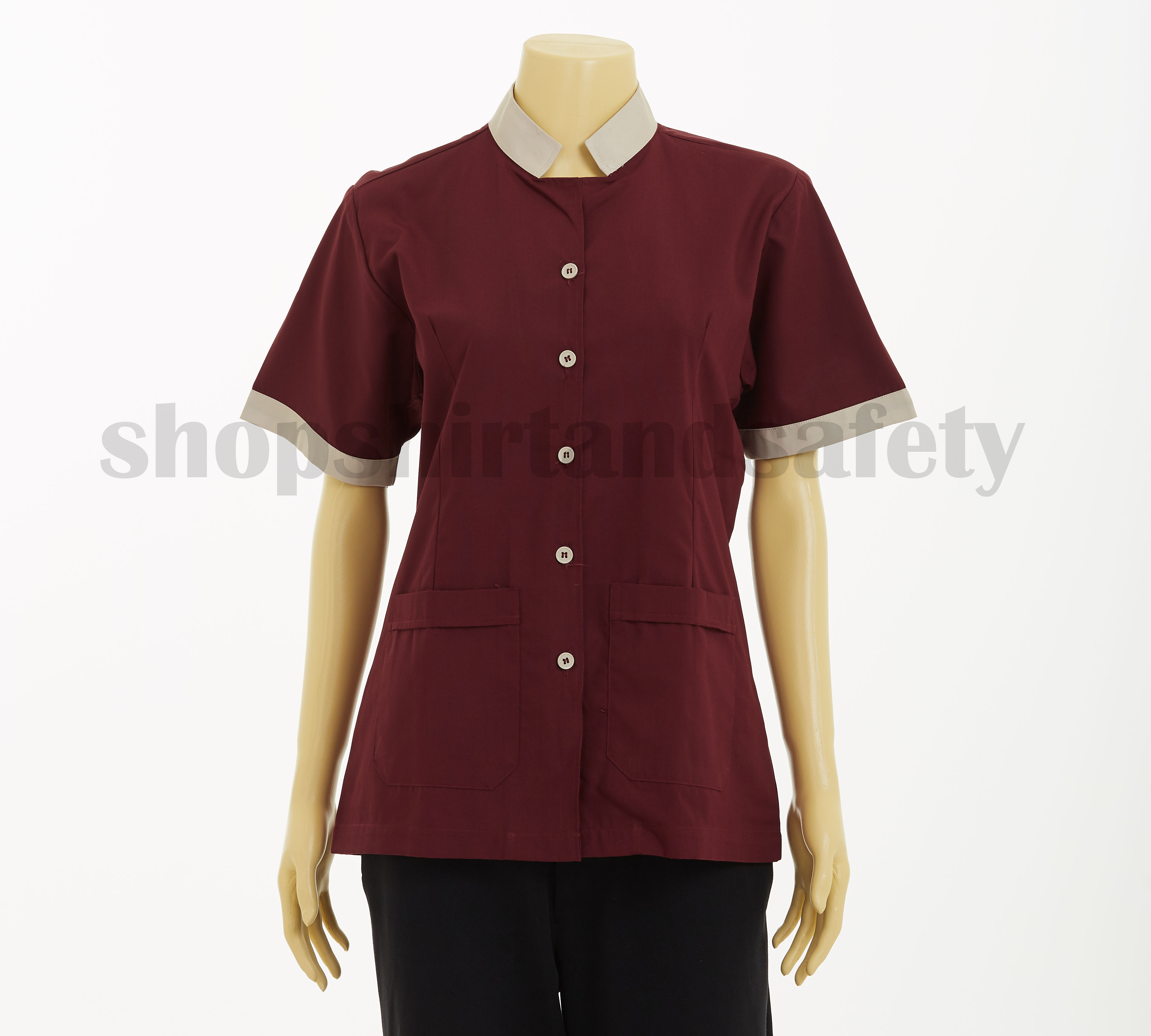 เสื้อแม่บ้านแขนสั้นคอจีนแบบเลือดหมูปกครีม
