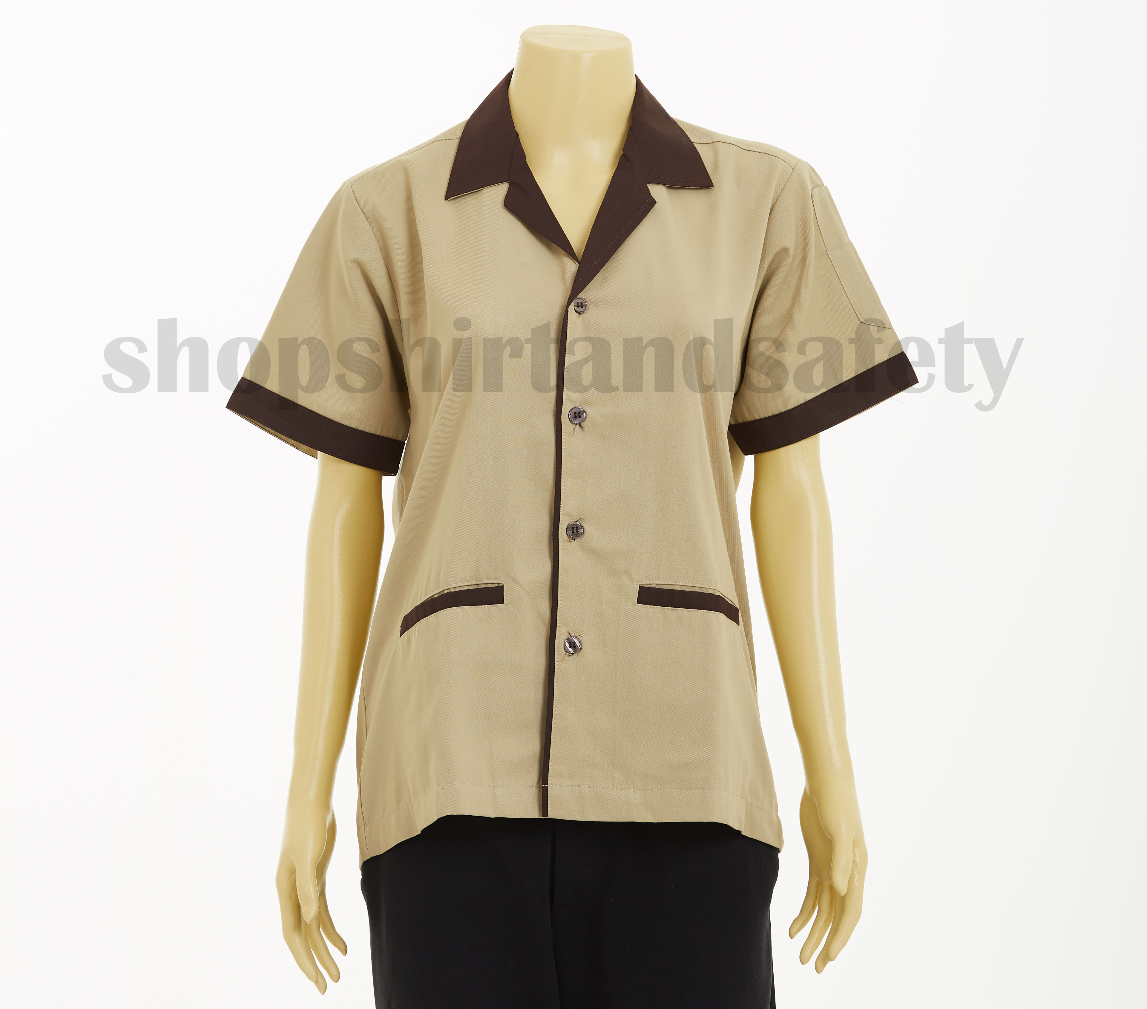 เสื้อแม่บ้านแขนสั้นคอฮาวายแบบสีน้ำตาลอ่อนปกน้ำตาลแก่
