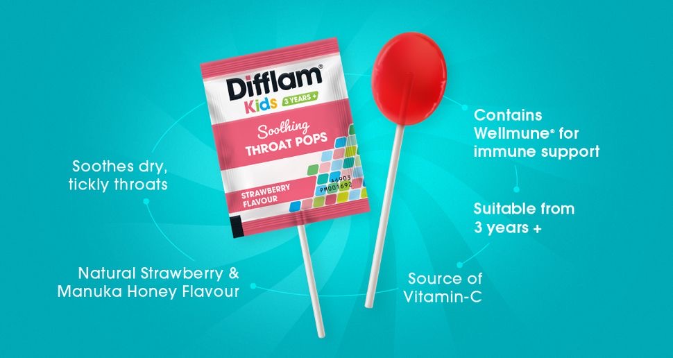 อมยิ้มเสริมภูมิคุ้มกันพร้อมบรรเทาอาการไอสำหรับเด็ก Difflam Kids Soothing Throat Pops