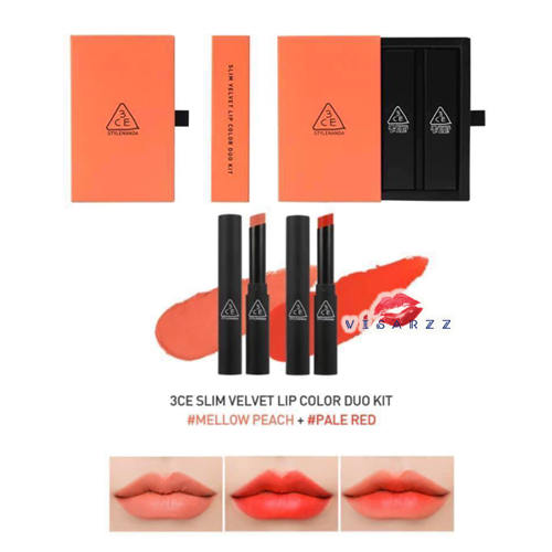 3CE Slim Velvet Lip Color Duo Kit #Mellow Peach + Pale Red แพคคู่ลิปสลิมเวลเวทของทรีซีอี จับคู่สีพีชนู้ดๆ กับสีแดงน่ารักๆ ที่ทาเดียวก็สวย ทาคู่ก็ผสมได้สีที่ 3