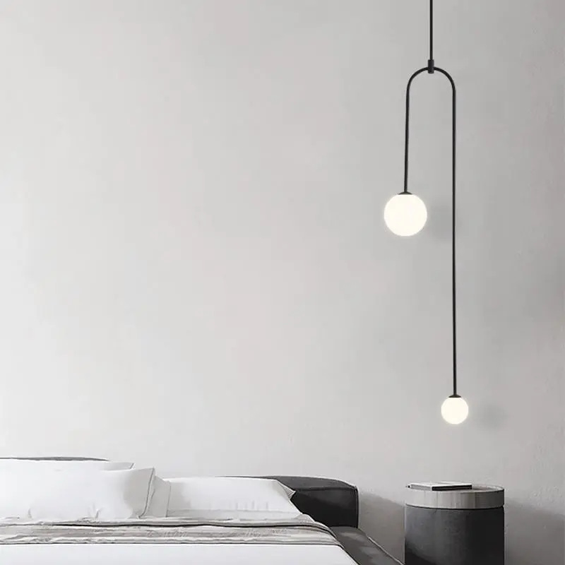 โคมไฟแขวนเพดานเส้นทรงโค้งตัว U คว่ำโป๊ะแก้วสีขาวด้านทรงกลมไฟ 2 ดวง สไตล์โมเดิร์นมินิมอล [UAG-120]