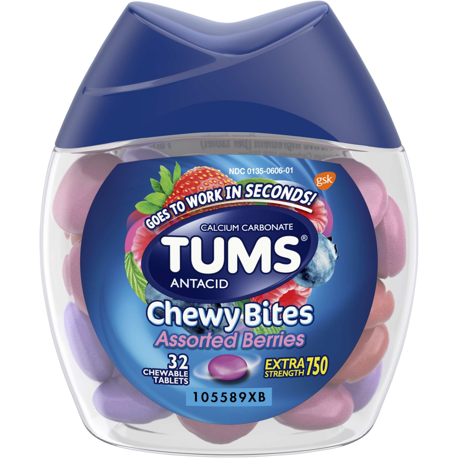 เม็ดเคี้ยวบรรเทาอาการกรดไหลย้อน TUMS Antacid Chewy Bites Extra Strength 750 - Assorted Berries (32 Chewable Tablets)