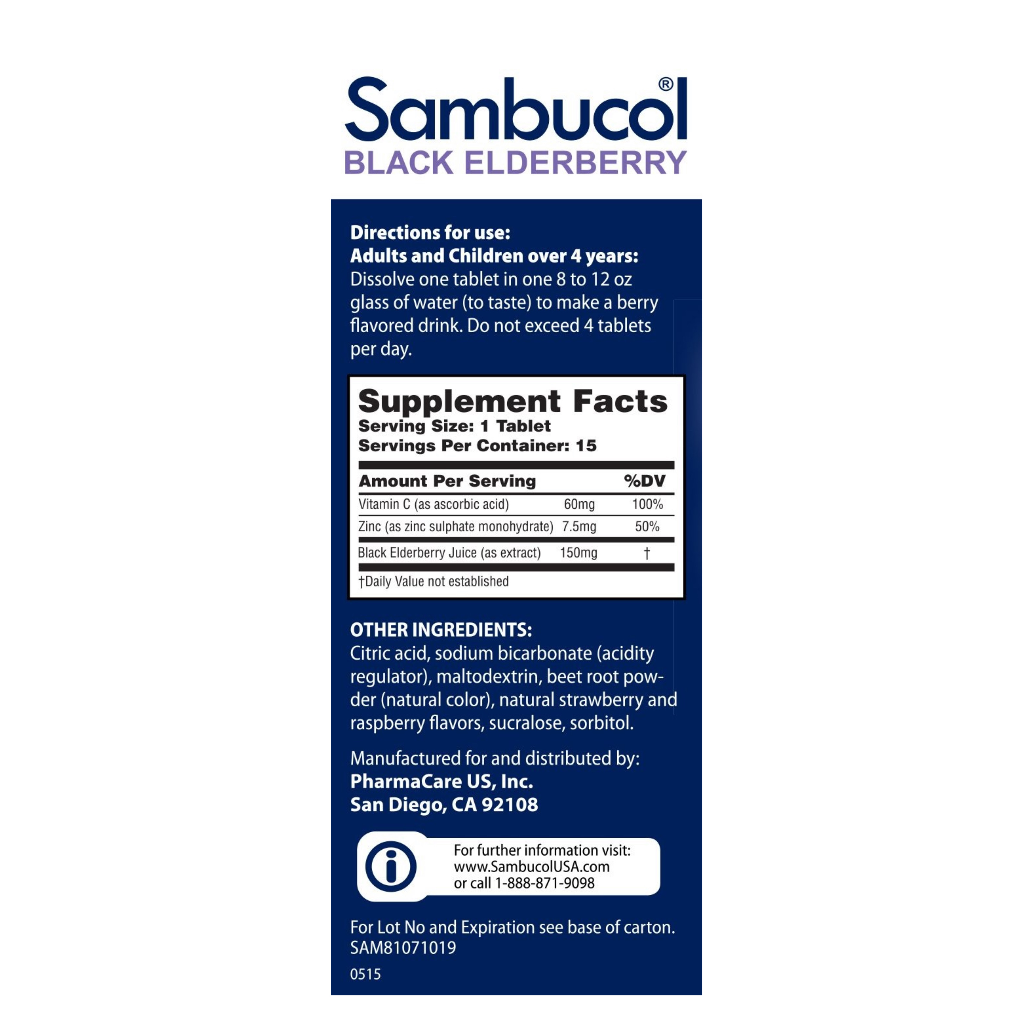 วิตามินเสริมภูมิคุ้มกันชนิดเม็ดละลายน้ำ Sambucol Black Elderberry Effervescent Tablets + Vitamin C & Zinc