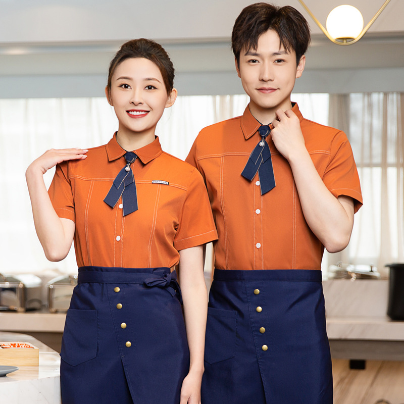 เสื้อฟอร์มพนักงานร้านอาหารกาแฟโรงแรม แขนสั้นผูกโบว์ไทด์น่ารักเก๋ F6604001 สีภาพ L-6XL