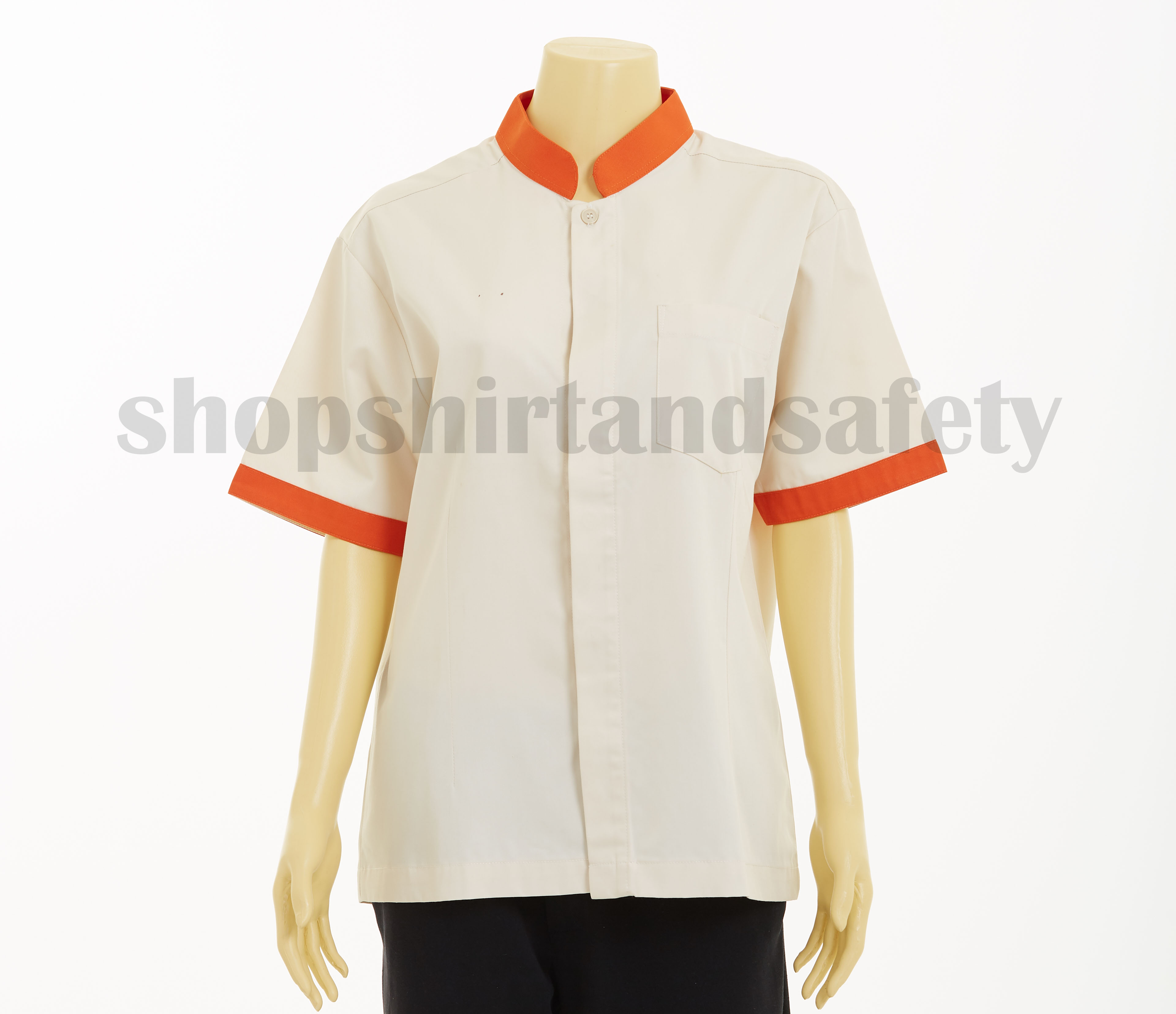 เสื้อแม่บ้านแขนสั้นคอจีนแบบสีครีมกุ้นส้ม