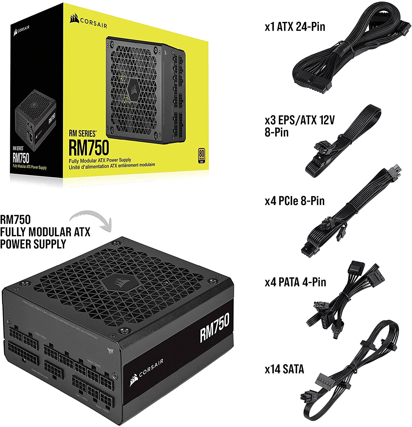 PSU CORSAIR RM Series (2021), RM750, 750 Watt, 80 Plus Gold Certified, Fully Modular Power Supply