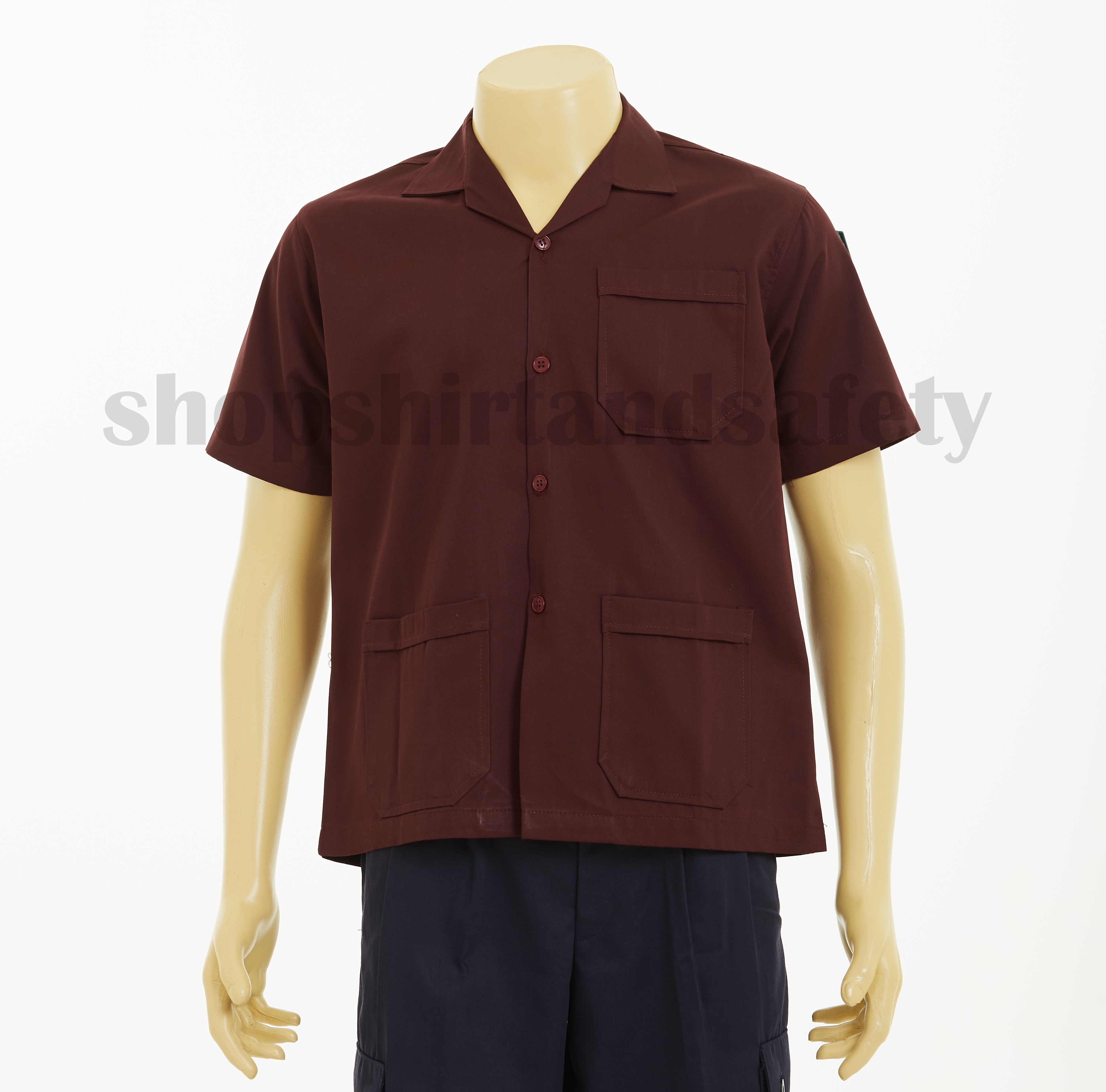 เสื้อช็อปแขนสั้นแบบสามกระเป๋าสีเลือดหมูล้วน