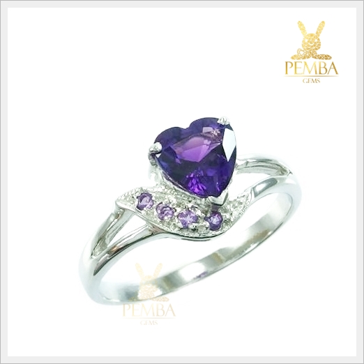 แหวนอเมทิสต์ ทรงหัวใจ เงินแท้925 ชุบทองคำขาว แหวนพลอยแท้