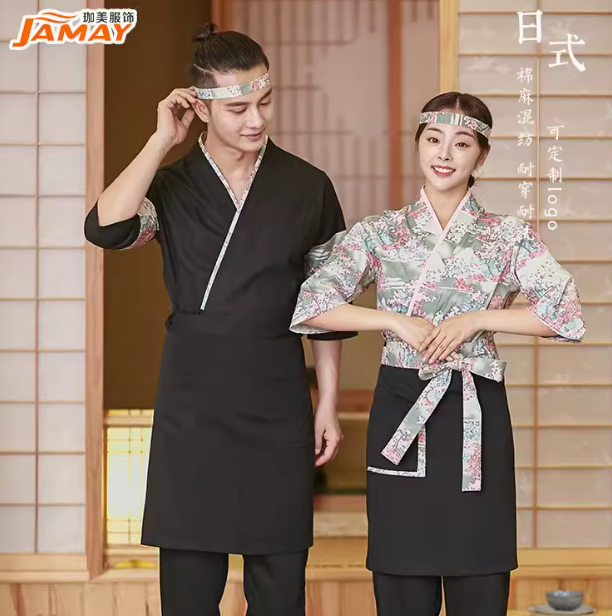 ชุดซูชิกิโมโนสไตร์ญี่ปุ่นเสริฟ สำหรับห้องอาหารญี่ปุ่นเกาหลีจีน เสื้อเชฟ พ่อครัว บริกร F6708002 สีภาพ S-2XL