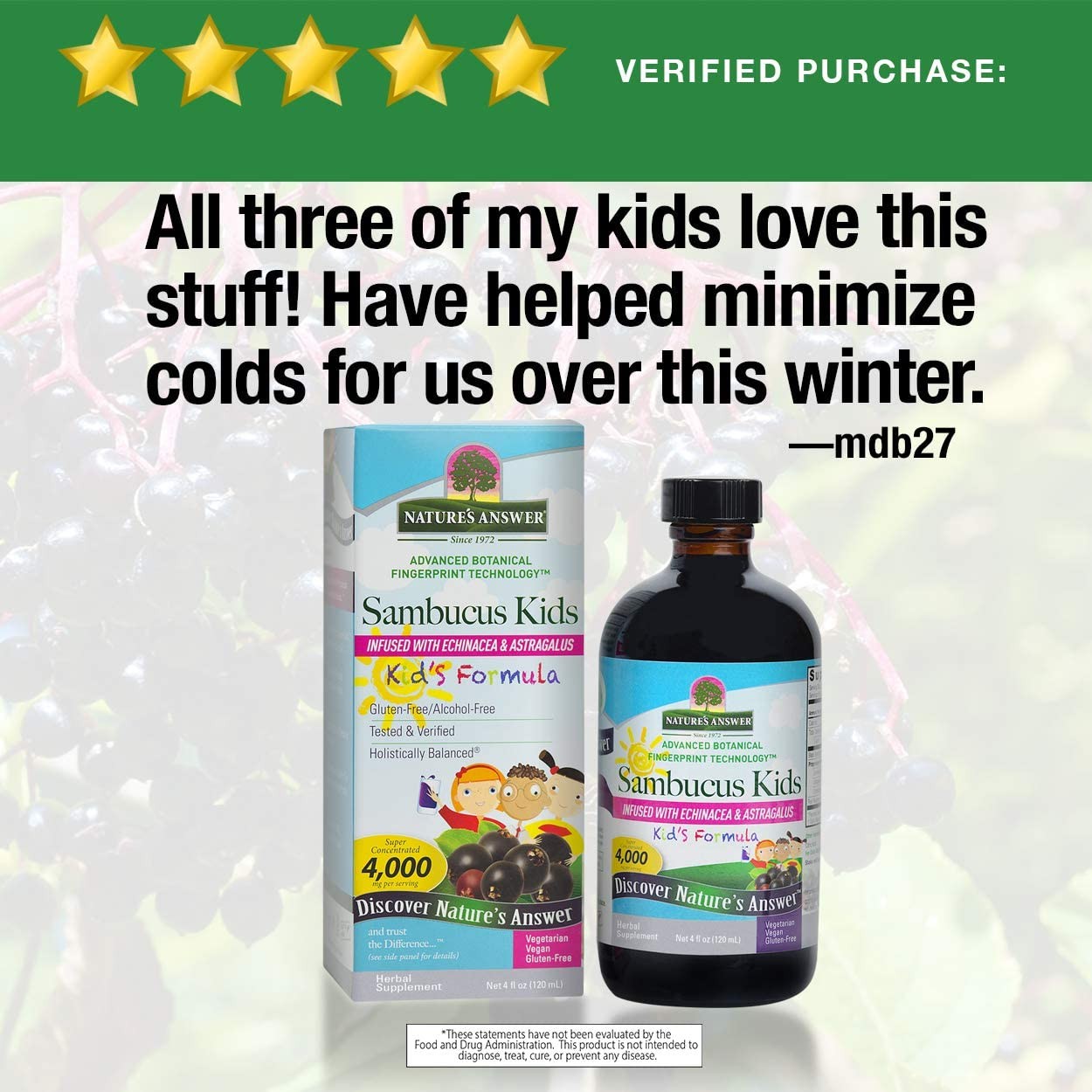 วิตามินเสริมภูมิคุ้มกันสำหรับเด็ก Nature's Answer Sambucus Kid's Formula - Infused with Echinacea & Astragalus (240ml.)