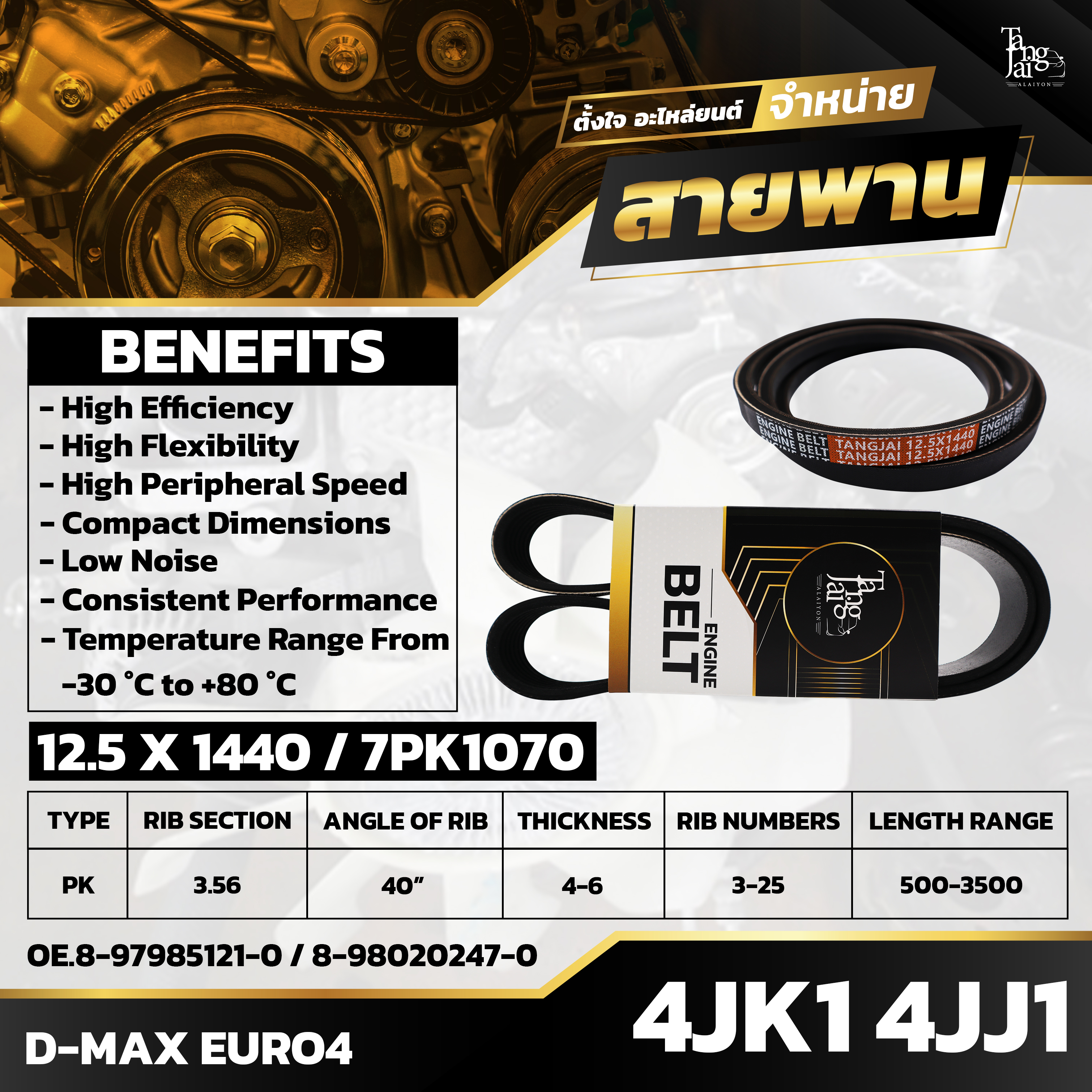 สายพานหน้าเครื่อง ISUZU D-MAX EURO4 4JK1 4JJ1 7PK1070 / 12.5 X 1440 BY TANGJAI (ราคา 2 เส้น)