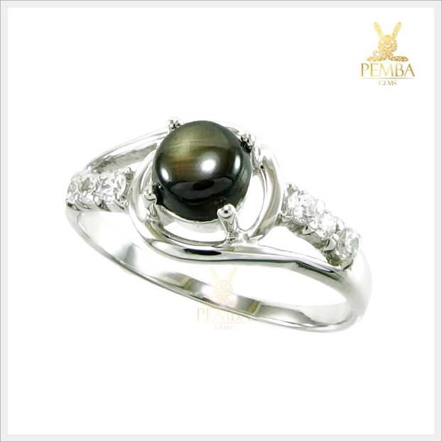 แหวน Black Star Sapphire บางกะจะ เงินแท้925 ชุบทองคำขาว แหวนพลอยแท้