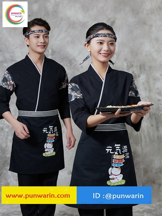 ชุดซูชิกิโมโนสไตร์ญี่ปุ่นเสริฟ สำหรับห้องอาหารญี่ปุ่นเกาหลีจีน เสื้อเชฟ พ่อครัว บริกร G6412010 สีภาพ S-2XL