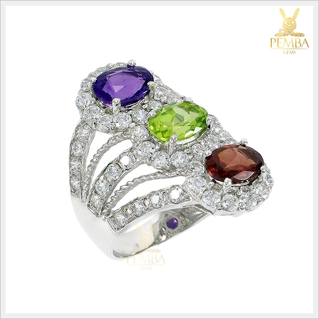 แหวนพลอยแท้ 3 สี อเมทิสต์ เพริดอต โกเมน ใส่ติดนิ้วเก๋ๆ แหวนพลอยแท้