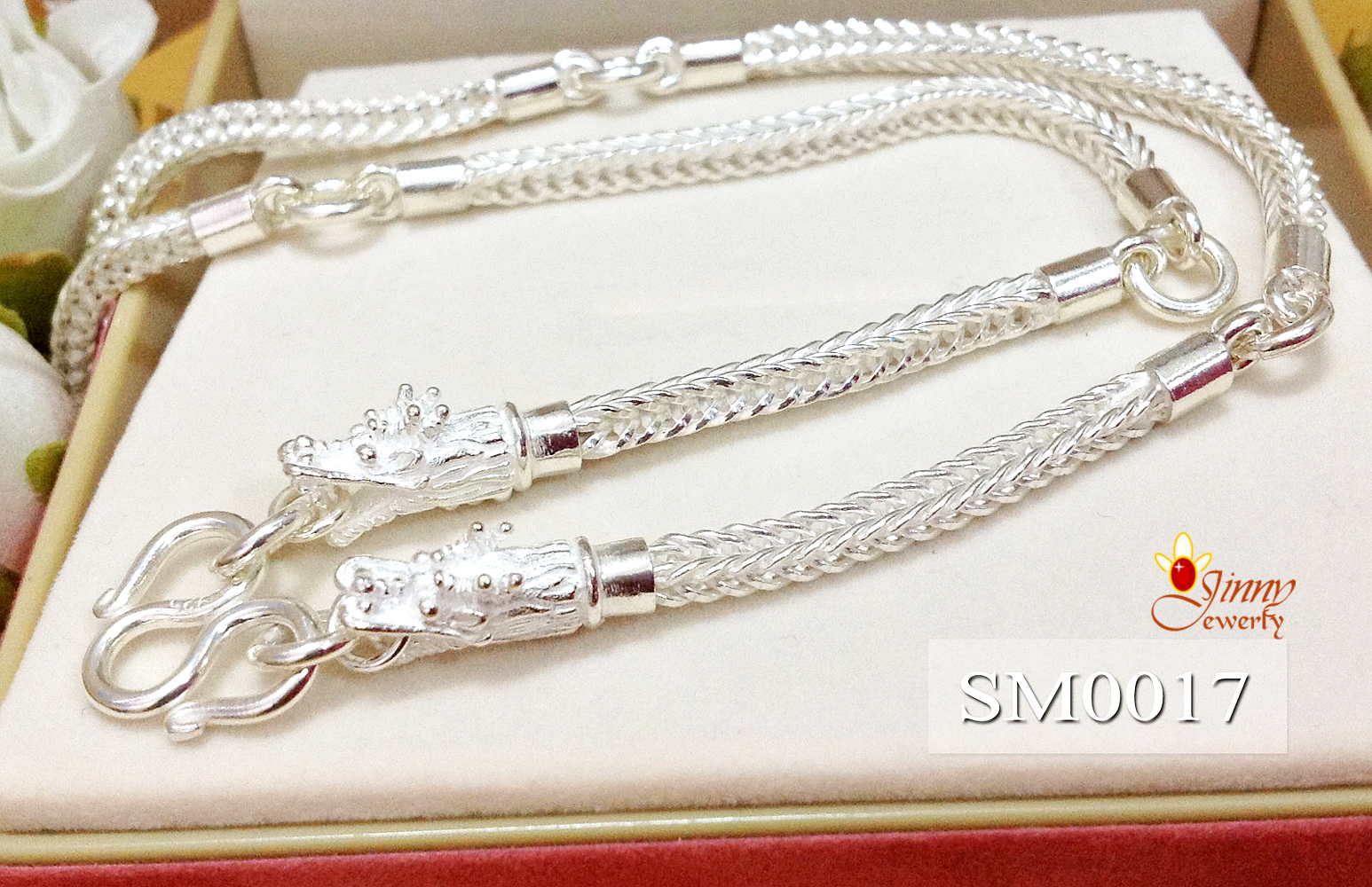 สร้อยคอเงินแท้ 92.5% ลายสี่เสาหัวมังกร ห้อยพระ 5 องค์ ขนาด 2 บาททอง สร้อยงานไทย หนา 3.0 มิล