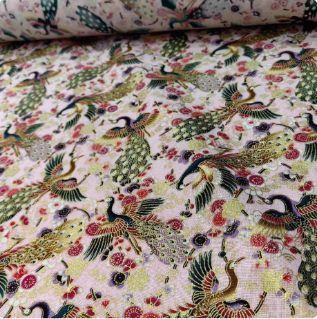 ผ้าสไตล์ญี่ปุ่น ผ้าคอตตอนพิมพ์ลายร้อน ลายนกฟลามิงโก้ ลายคลื่นทะเลใส ลายนกกระเรียน ผ้าลายดอกซากุระ SKU-03521 สีภาพ เมตร