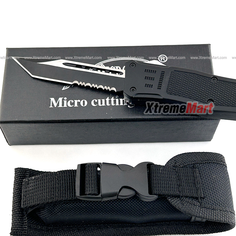 มีดสปริงตรง Microtech ขนาดกลาง ใบ Tanto คมด้านเดียว กึ่งหยัก Combat Troodon 00556 D/E Automatic Knife Camping Tool