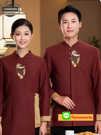 เสื้อพนักงานเสริฟเสื้อพนักงานโรงแรม เสื้อพนักงานร้านอาหารไทยสไตล์จีนญี่ปุ่นเกาหลี FA6701003 ดำ แดง L-4XL