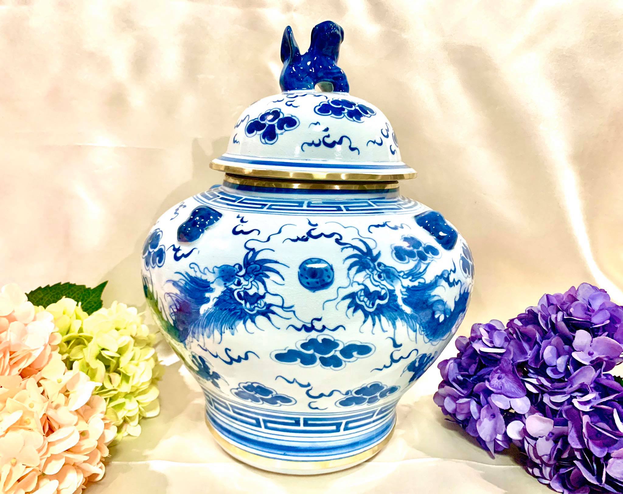 โถ ลายมังกร มีฝาปิดเปิด -เซรามิกเบญจรงค์ ลายคราม(สูง16นิ้ว) - (ขายปลีก ขายส่ง)