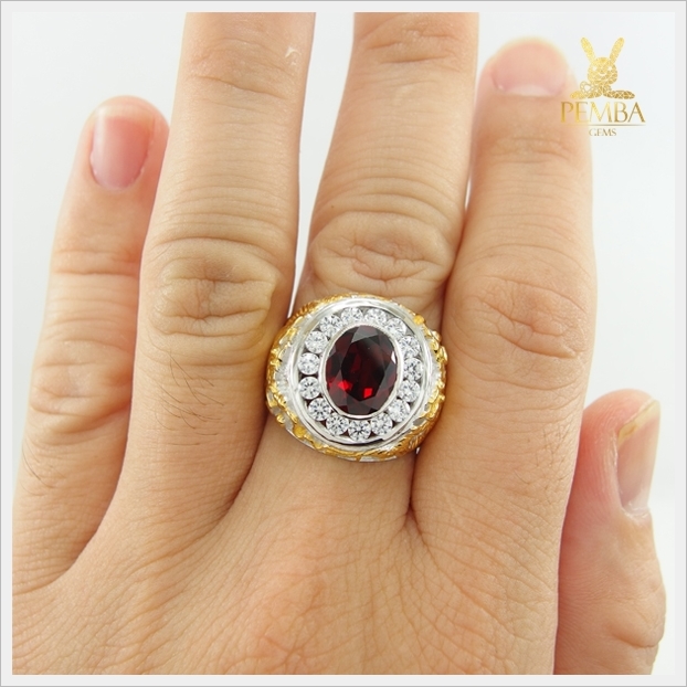 แหวนโกเมนแท้ เงินแท้925 ชุบทองคำขาว เท่อย่างมีสไตล์ในลายมังกร ชุบทอง