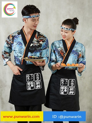 ชุดซูชิกิโมโนสไตร์ญี่ปุ่นเสริฟ สำหรับห้องอาหารญี่ปุ่นเกาหลีจีน เสื้อเชฟ พ่อครัว บริกร G6412002 สีภาพ S-2XL