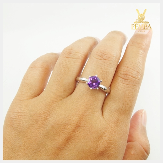 แหวนอเมทิสต์แท้ เงินแท้ ชุบทองคำขาว แหวนพลอยแท้