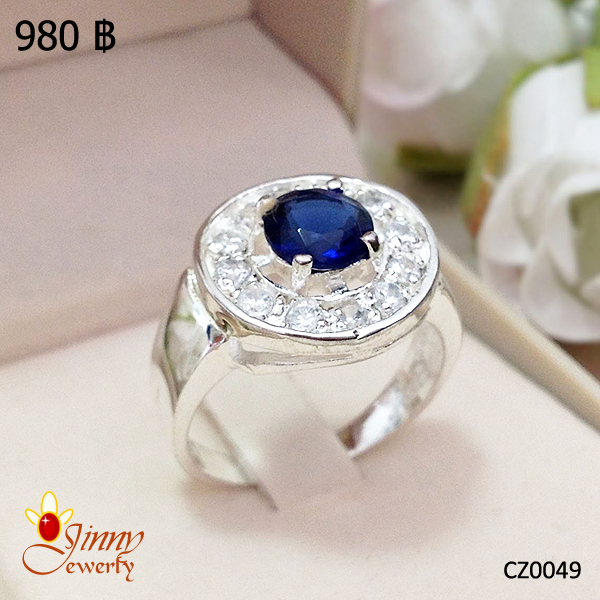 แหวนเงินแท้ 92.5% ประดับพลอยสีน้ำเงิน เพชร cz รอบวง
