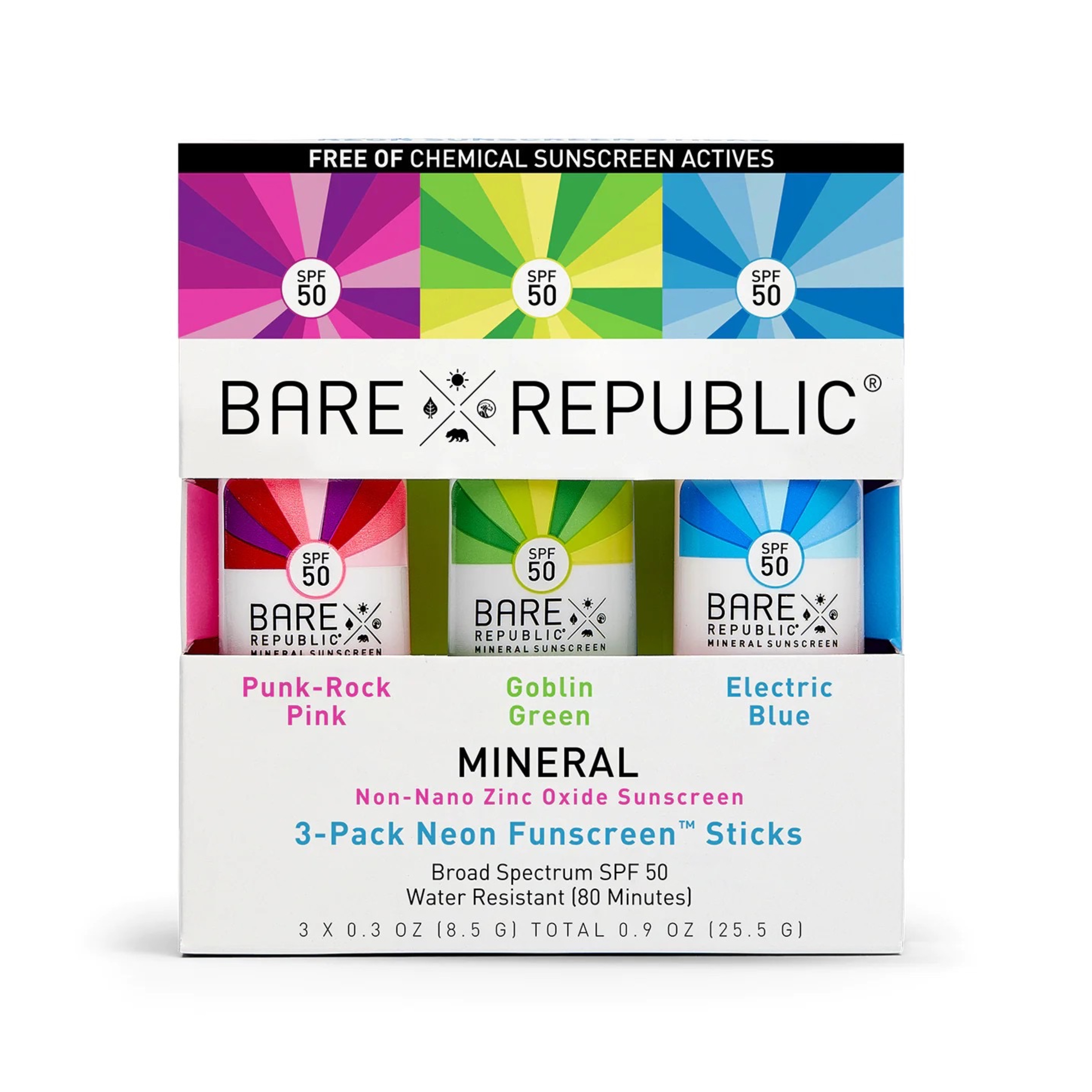 ครีมกันแดดชนิดแท่งสำหรับผิวหน้าและผิวกาย BARE REPUBLIC Neon FUNSCREEN Mineral SPF 50 Sunscreen Stick (3-Pack)