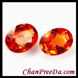 พลอยเนื้อแข็งสีส้ม(Orange Sapphire)คู่เหมือน 1.90 กะรัต รูปไข่ 7x5 มิล มีจุดตรงกลางนิดนึงอีกเม็ดสะอาดสีส้มเข้มเกือบแดง จากแอฟริกา (2,890)