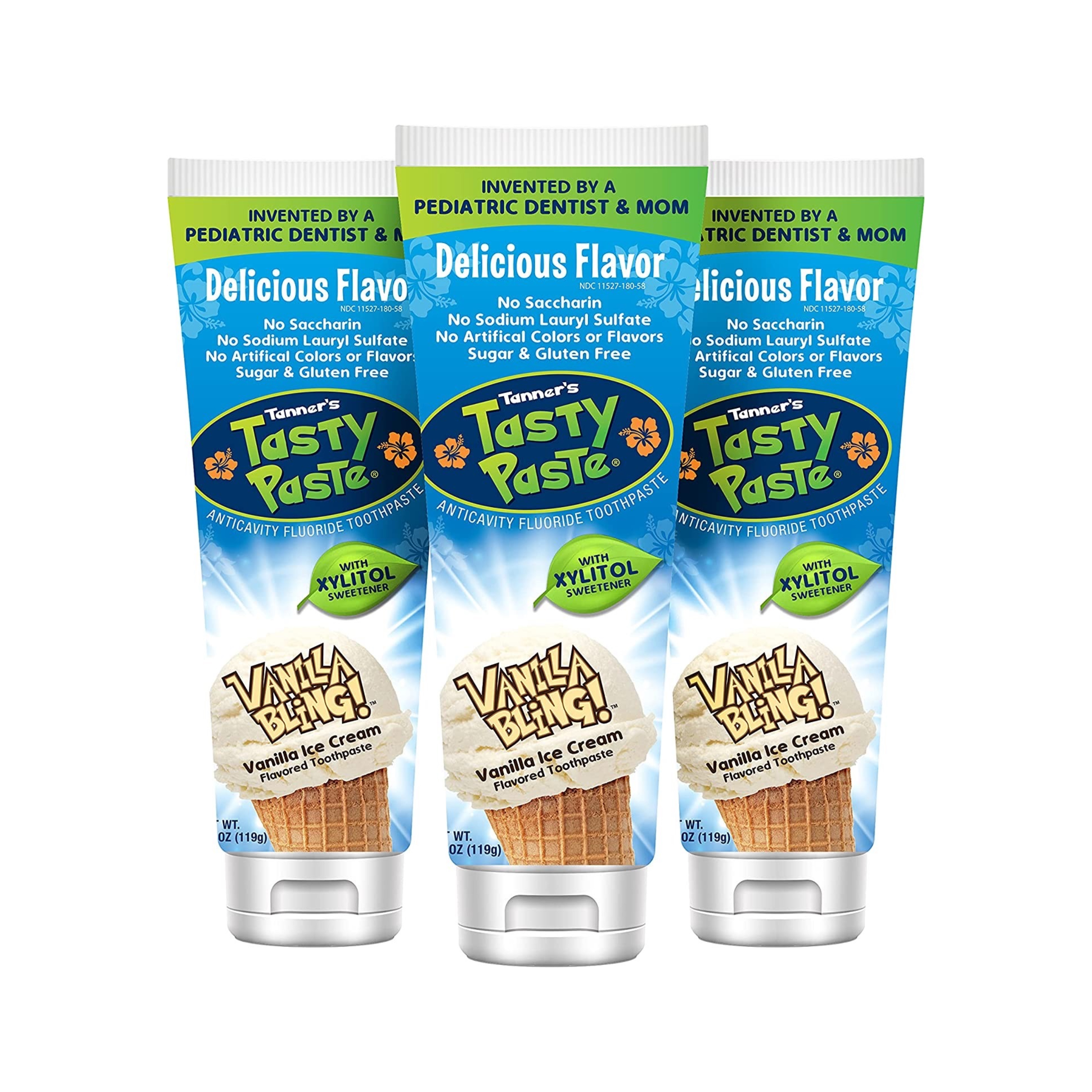 ยาสีฟันผสมฟลูออไรด์สำหรับเด็ก Tanner's Tasty Paste Antivacity Fluoride Toothpaste with XYLITOL (Vanilla Bling!)