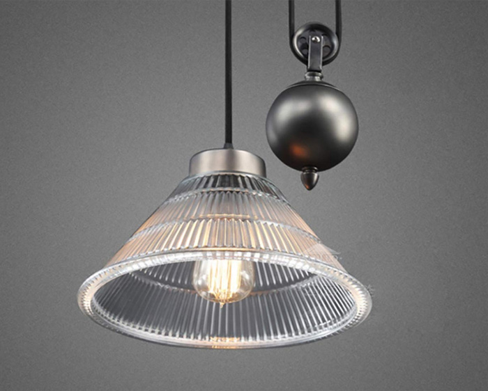 โคมไฟแขวนเพดานโป๊ะแก้วใสแบบมีรอกสไตล์ Industrial [IN1L]