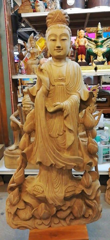 พระแม่กวน เจ้าแม่กวนอิม ไม้สักแกะสลัก (สูง 34 นิ้ว)