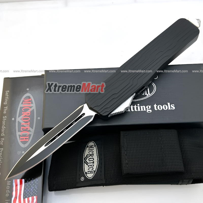 มีดสปริงตรงขนาดใหญ่ Microtech คม 2 ด้าน ด้ามลายเส้น Combat Troodon 00556 D/E Automatic Knife Camping Tool (Dual Front)
