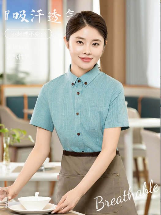 เสื้อฟอร์มพนักงานร้านอาหารกาแฟโรงแรม แขนสั้น F6706002 เทา เขียว ฟ้า M-5XL
