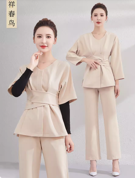 ชุดพนักงานนวดสปา ชุดพนักงานเสริมสวย ชุดทำงาน ชุดสูท ชุดพนักงานคลินิค S6707001 ขาว เบจ เหลือง S-5XL