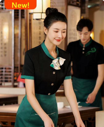 เสื้อฟอร์มพนักงานร้านอาหารกาแฟโรงแรม แขนสั้น F6705005 ดำ ขาว L,XL,XXL,3XL,4XL