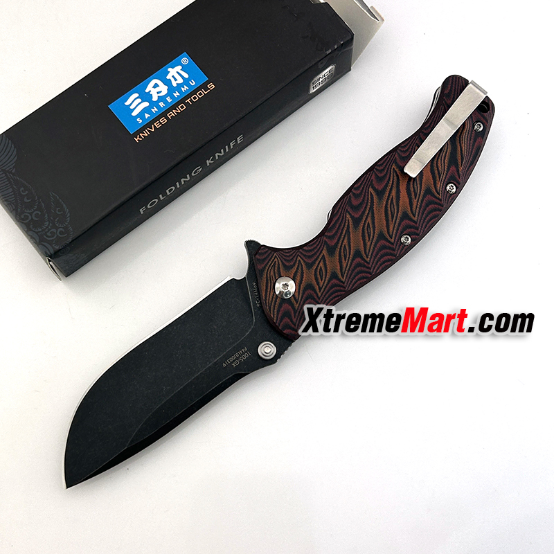 มีดพับ SANRENMU 1005 SRM-1005-GX ใบมีดสแตนเลส 9cr14mov ด้ามG10 ใบสีดำด้ามน้ำตาล จุดหมุนระบบตลับลูกปืน(Ball Bearing) เปิด-ปิด ลื่นมาก