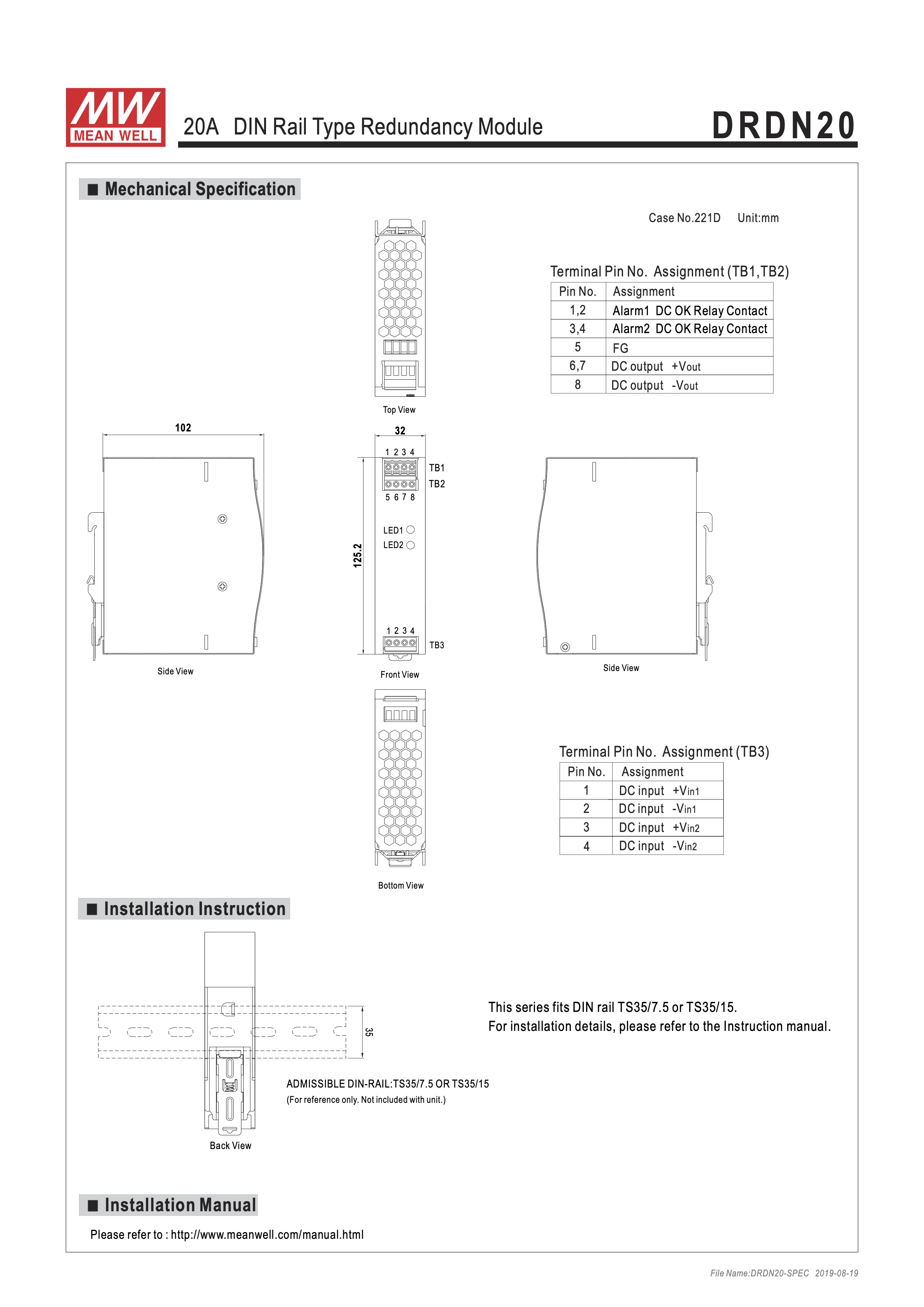 Meanwell สวิทชิ่งเพาเวอร์ซัพพลาย 24V DRDN20-24 /20A/ 40A Redundancy Module