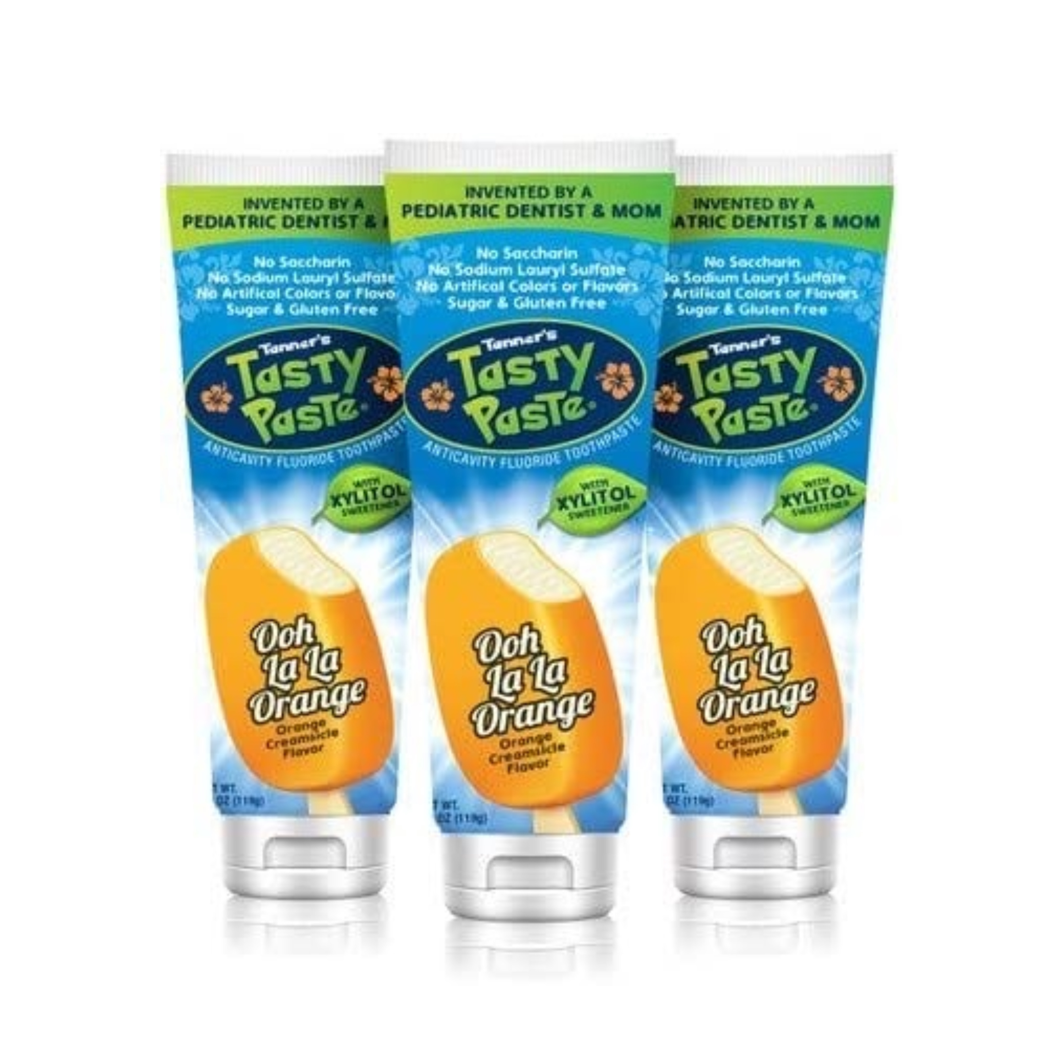 ยาสีฟันผสมฟลูออไรด์สำหรับเด็ก Tanner's Tasty Paste Antivacity Fluoride Toothpaste with XYLITOL (Ooh La La Orange)